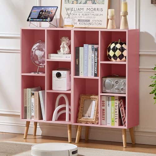 LEYAOYAO 5 Cube Bookshelf,Mid-Century Modern Bookcase with Legs,Light Pink