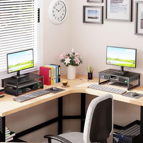 Simple Trending Metal Monitor Stand Riser and Computer Desk Organizer with Drawer for Laptop, Computer, iMac, Black (Pac