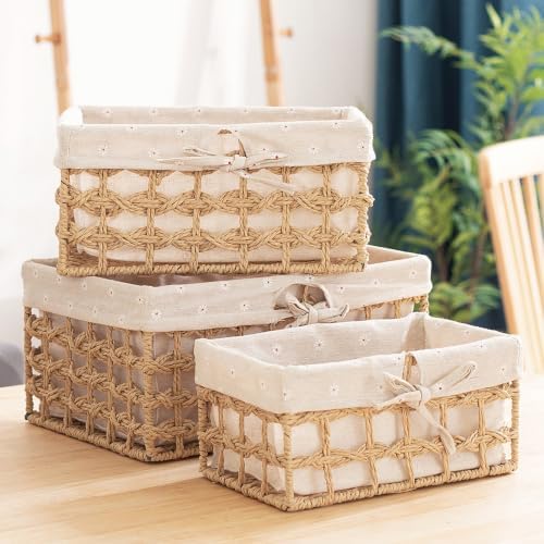 GIB Small Wicker Woven Storage Baskets for Organizng with Liners, Set of 3