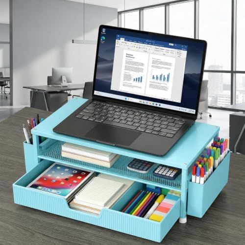 ECOLOVI Desk Organizer and Accessories, 2-Tier Computer Monitor Stand Rise with Storage Drawer & 2 Pen Holders, Laptop &
