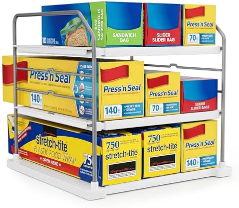 EVERIE Extendable 3-Tier Kitchen Cabinet & Pantry Organizer for Plastic Wrap, Foil & Storage Bags, Adjustable Heavy Duty
