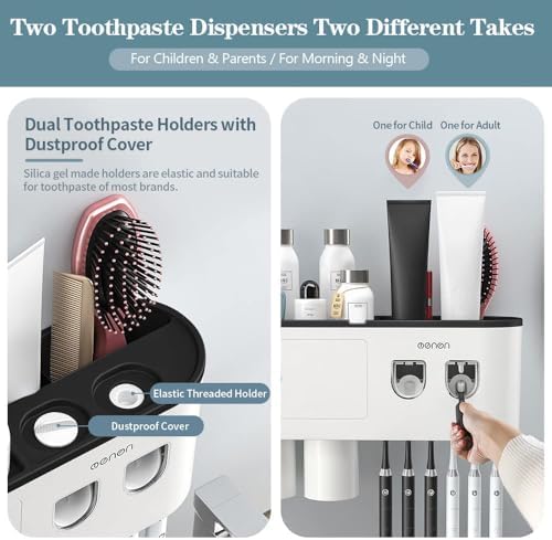 Toothbrush Holders Wall Mounted, Toothbrush Holder with Automatic Toothpaste Dispensers, 6 Brush Slots, 2 Magnetic Cups,