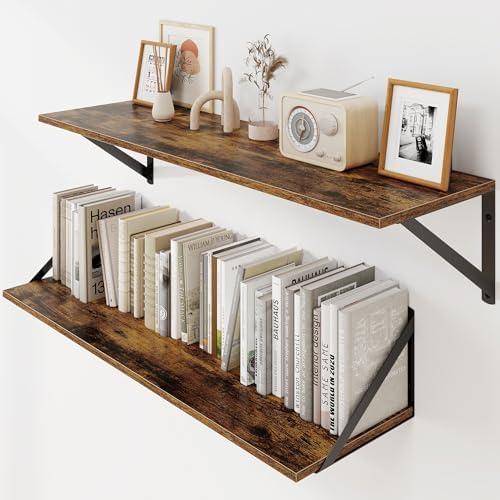 Heimlove Deep Floating Shelves for Wall, 30W x 8D Wood Wall Shelves Set of 2, Wide Floating Bookshelf for Living Room, K