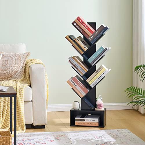Hoctieon 6 Tier Tree Bookshelf, Tall Bookcase with Drawer, Freestanding Book Shelf, Display Floor Standing Storage Shelf