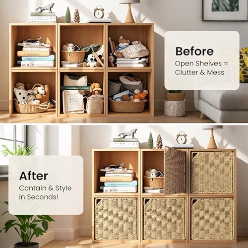 AELS 13" Handwoven Natural Fibre Doors for Cube Storage - Set of 3, Boho Straw Shelf Cover - Rustic Farmhouse Decor - Fi