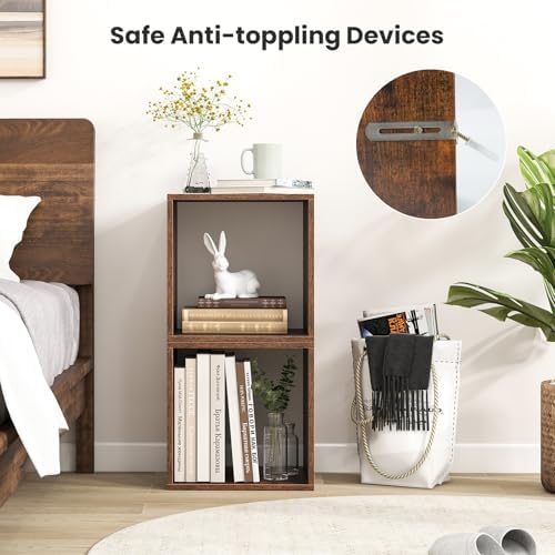 GIANTEX 2 Cube Bookshelf Organizer, 2-Tier Stackable Cube Storage Organizer, Small Wooden Open Book Shelf with Anti-topp