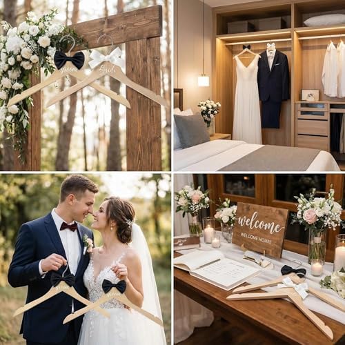2 Pcs Bride Hanger for Wedding Dress, Bride and Groom Wooden Wedding Hangers Set, Dress and Suit Hangers with Bow Ties and Shoulder Notches, Bridal Shower Gifts Photography Props