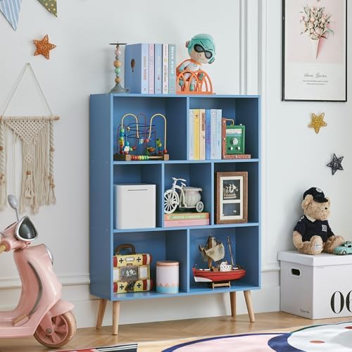 LEYAOYAO Cube Bookshelf, Mid-Century Modern Book Shelf with Legs, Blue