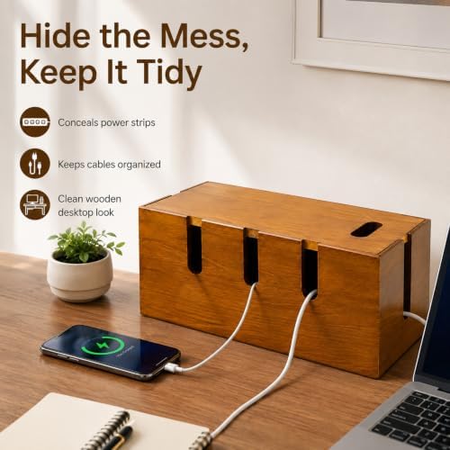 12" Acacia Wood Cable Management Box, Cord Hider Organizer