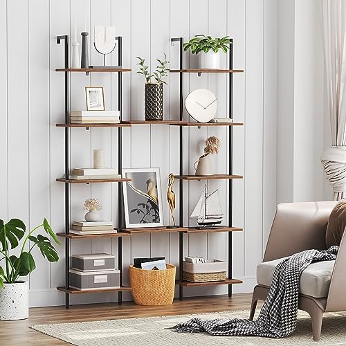 HOOBRO DIY Ladder Shelf, 6-Tier Wooden Wall Mounted Bookshelf, Narrow Bookcase, Display Shelf, Storage Rack, Plant Stand