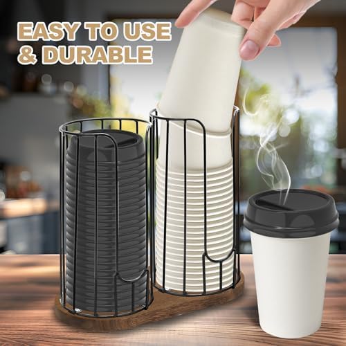 2-Compartment 18oz Coffee Cup Dispenser Rack with Wood Base, Disposable Cup, and Lid Organizer for Countertop - Perfect 