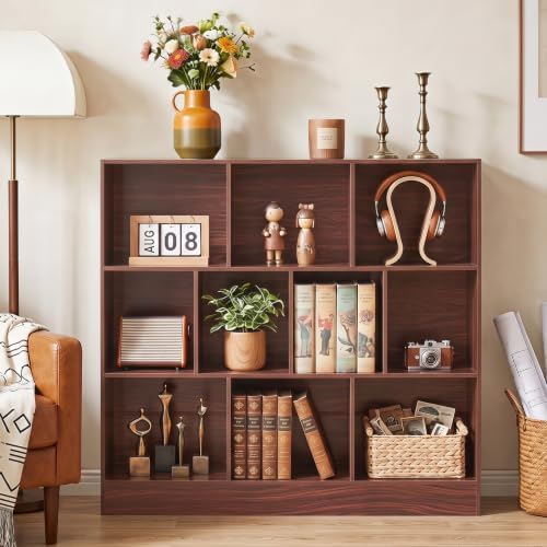 YAHARBO 3 Tier 10 Cube Long Horizontal Bookshelf,Under Window Shelf,Walnut