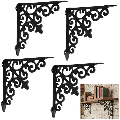 Mystic Colonial Medieval Cast Iron Victorian Scrollwork Shelf Brackets | 7-inch Heavy-Duty Wall Mount Supports with Blac
