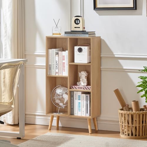 LEYAOYAO 5 Cube Bookshelf,Mid-Century Modern Bookcase with Legs,Light Wood