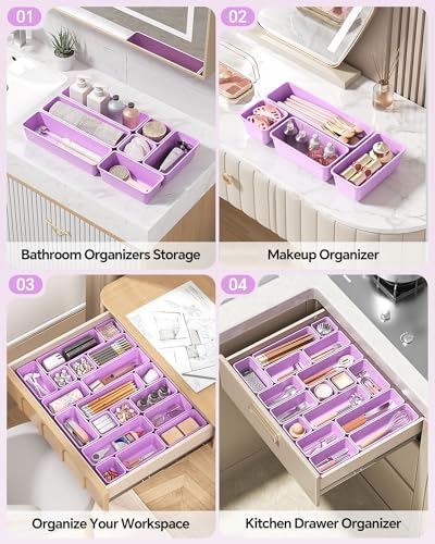 Canfanni 13 Pack Plastic Drawer Organizers Set, 3 Sizes Desk Drawer Organizer Trays for Vanity and Makeup Organizer, Organization and Storage for Makeup, Kitchen Utensils, Bathroom and Office(Purple)