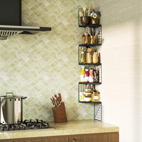 Love-KANKEI Corner Wall Shelf 5 Tier,Solid Wood/Metal Bracket,51"Tall,Black