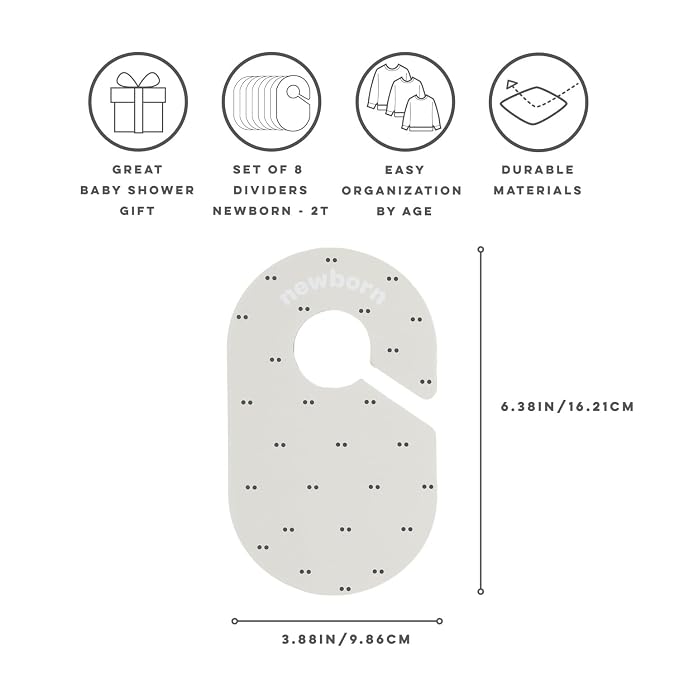 3 Sprouts Baby Closet Dividers, Newborn to 2T, Double Dot, 8 Piece Set | Newborn to 2T sizing, 8-piece set, Double-sided size labels, Age labels, Nursery closet storage, Baby clothes organizer