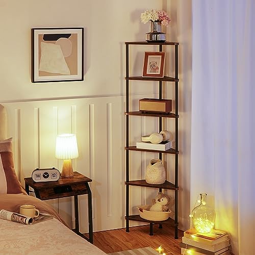 HOOBRO Corner Shelf Stand, Industrial 6-Tier Wall Corner Bookshelf with Metal Frame, Plant Display Shelf, Bookcase for S