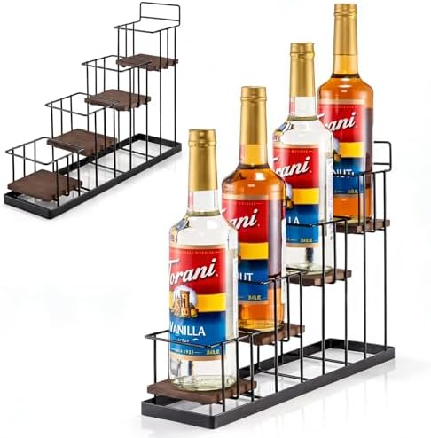 Coffee Syrup Rack Organizer, with Rustic Wood Holder Coffee Station Bar Accessory for Syrup, Wine, Dressing Bottle Count