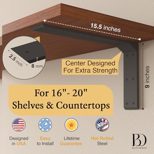 Countertop Brackets 16 –20 Inch Heavy Duty L Bracket – 15.5"x2.5"x9" (5/16" Thick / 8mm) Black Mantel Brackets & Corbels