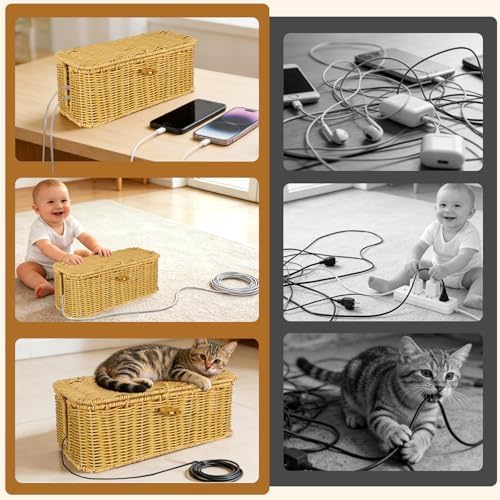 2 Pcs Handwoven Rattan Cable Management Box,Cord Organizer Box with Lid,Open-Slot Cord Hiding Basket,Decorative Storage 