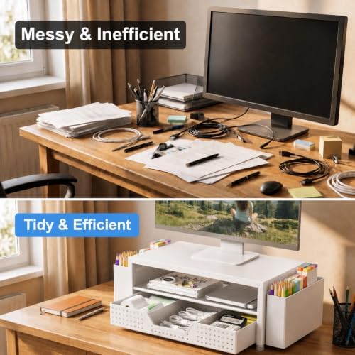 ECOLOVI Desk Organizer and Accessories, 2-Tier Computer Monitor Stand Rise with Storage Drawer & 2 Pen Holders, Laptop &