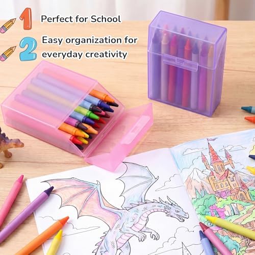 Clabby 2 Pcs Clear Plastic Crayon Boxes Hold 24 Count, Purple,Pink