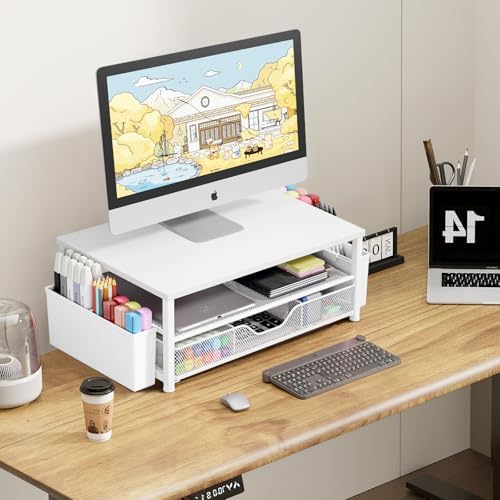 OPNICE Desk Organizers and Accessories, Computer Monitor Stand Riser with Drawer and 2 Pen Holders, Printer & Laptop Sta