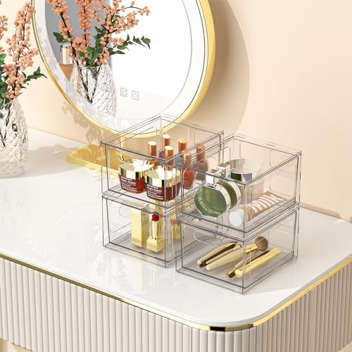 SpaceHacks 4 Pack Stackable Plastic Makeup Organizer Drawers, Acrylic Organizers, Clear Storage Bins with Pull-Out Handl