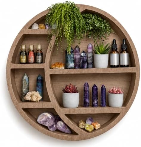Wooden Crescent Moon Shelf Wall Decor — Aesthetic Floating Crystal Display Holder & Hanging Wall Organizer for Bedroom, 