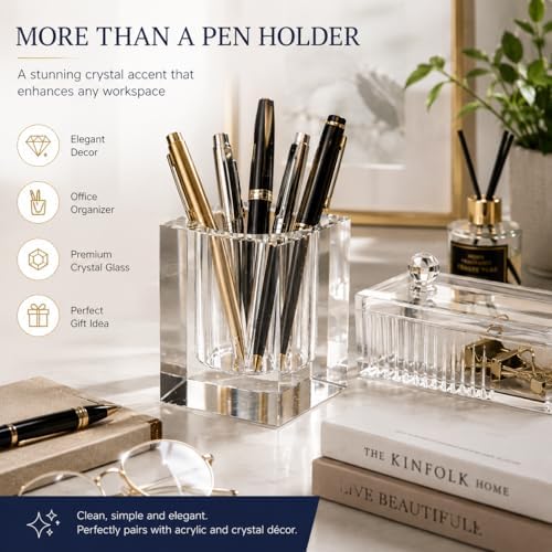 Coideal Glass Crystal Pen Pencil Cup Holder, Square Clear Small Desk Table Organizer Gift for Office School, Teacher and Student