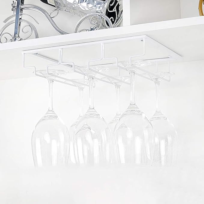 FOMANSH Wine Glass Rack - Under Cabinet Stemware Wine Glass Holder Glasses Storage Hanger 2 Pack Metal Organizer for Bar Kitchen White