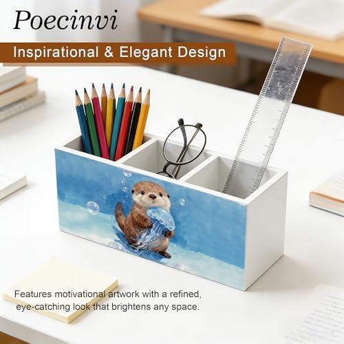 Coastal Beach Sea Otter Pen Holder for Home Kids Room Desk, Otter Lover Gifts, Coastal Ocean Wildlife Nursery Wooden Box Sign Pencil Holder for Desk Shelf Organizer