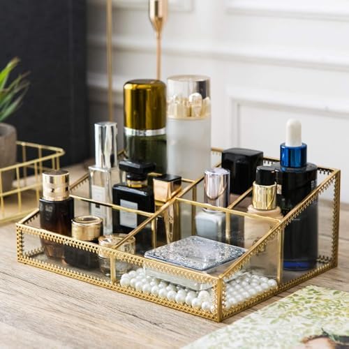 Vintage Gold Makeup Organizer - Glass Makeup Organizer Countertop Organizer for Make-Up Brushes Vanity, Tabletop Organiz