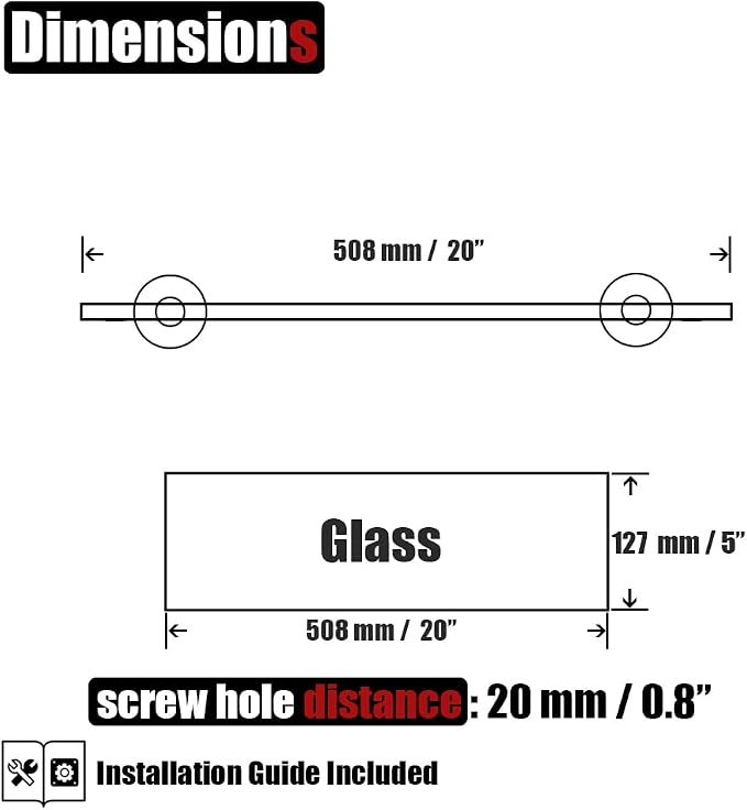 JQK Bathroom Glass Shelf Black, Tempered Glass Shower Storage 20 by 5 inches, 304 Stainless Steel Matte Black Wall Mount, TGS101L20-PB