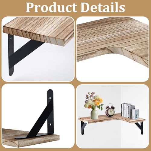 Set of 5 Corner Floating Shelves, Rustic Wood Shelve, Light Brown