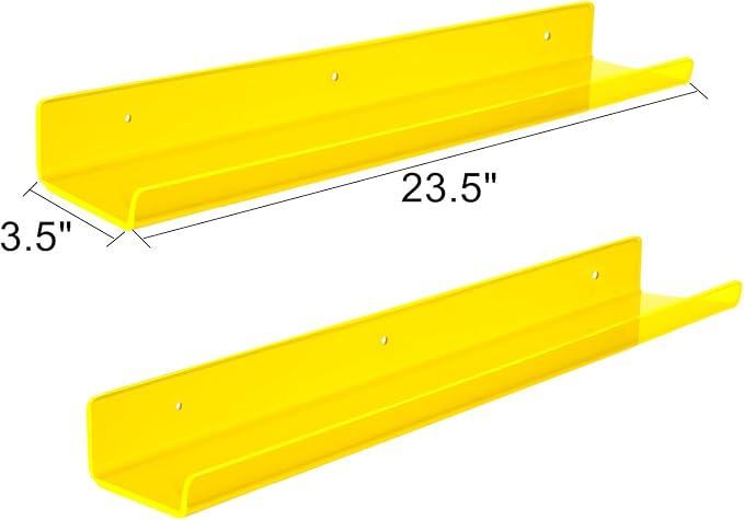 ROYALITA 2-Pack Acrylic Shelves Wall Mounted, 24 Inch Floating Shelves | for Small Items Plants Organize Wall Shelves for Gaming Room, Bedroom, Living Room, Office, Yellow