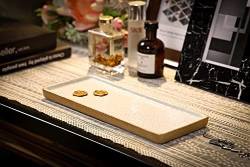 Vanity Tray with Brown Trim - Rectangular White Candle & Perfume Holder Organizer - 12"4.7" for Dresser, Table, Bathroom