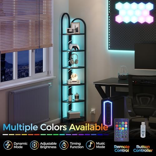 MAHANCRIS 6 Tier Corner Shelf with LED Light, 74.6'' Tall Corner Bookshelf Stand, Narrow Display Bookcase with Storage R