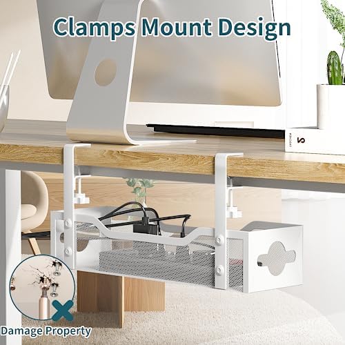Under Desk Cable Management Tray No Drill, 13.38'' Metal Tray with Clamp for Wire Management, Litwaro Cord Organizer Hom