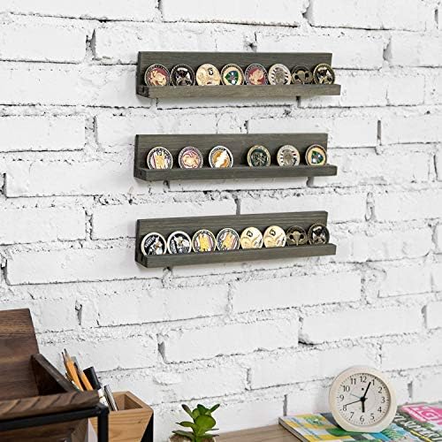 MyGift Set of 3 Wall Mounted Gray Wood Challenge Coin Display Shelves