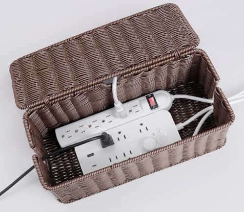 ZhiYo Rattan Cable Management Box, Dark Brown, 13.5" x 6.2" x 6"