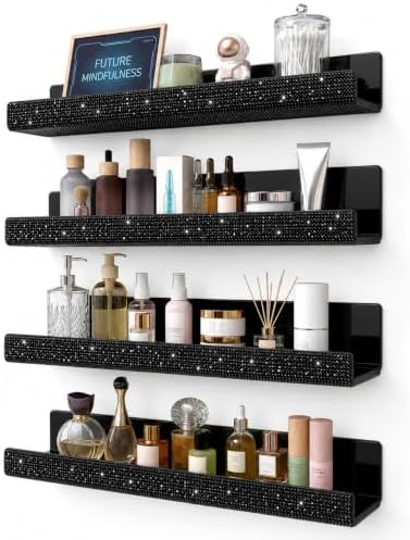 4 Pack Nail Polish Wall Rack, 15 IN Black Rhinestone Acrylic Organizer