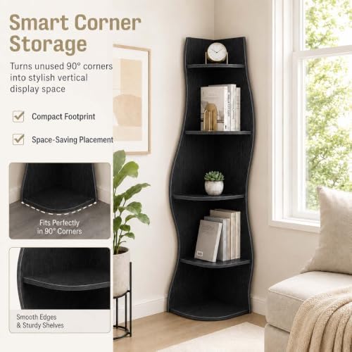 HRVEOCEI 5-Tier Wavy Corner Shelf with Curvy Shape for Small Space, Black