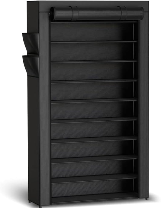 Kitsure Shoe Rack - 10-Tier Large Capacity Shoe Organizer Shelf with Dust Cover & Side Pockets, Rust-Proof Metal Shoe Rack for Closet, Entrance, Living Room, 33.6" x 12.4" x 69.3", Black