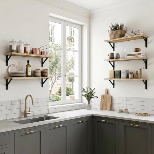 Fixwal Wall Floating Shelves for Decor (Light Brown, Set of 5, 16.5 Inch)