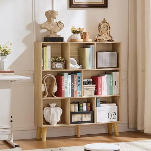 LEYAOYAO 8 Cube Bookshelf,Mid-Century Modern Bookcase with Legs,Light Wood