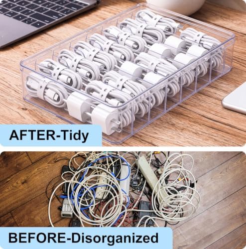 Tatuo 2 Pcs Cord Organizer Box with Lid, 8 Compartments & Wire Ties