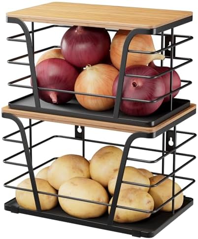 2 Pack Potato and Onion Storage Bins, Stackable Kitchen and Pantry Organizer with Bamboo Top & Lightweight PP Mat, for V