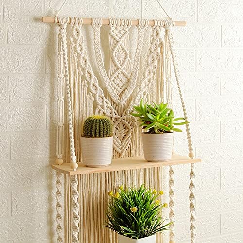 Mong Macrame Wall Hanging Shelf - Boho Hanging Shelves for Wall - Decorative Bohemian Floating Plants Room Storage Shelv